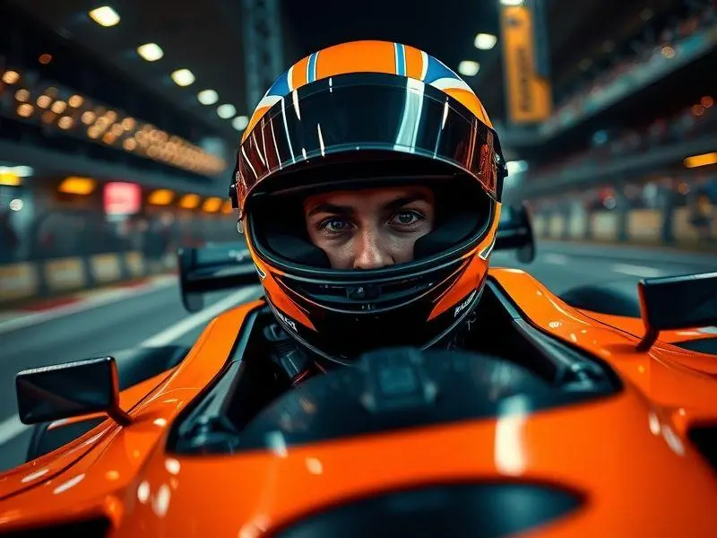 Close-up ultrarrealista de Oscar Piastri dentro de um carro McLaren de F1 durante uma corrida noturna.