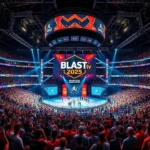Visão da arena do BLAST.tv Austin Major 2025, com equipes de CS2 jogando para uma plateia fervorosa.
