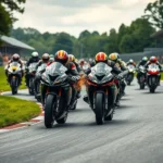Foto da largada da corrida de Superbike em Oulton Park, com motos em alta velocidade e potencial colisão.