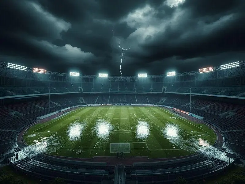 Estádio do Morumbi sob forte chuva, representando simbolicamente as dificuldades financeiras enfrentadas pelo São Paulo em 2024.