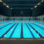 Piscina de competição vazia com raias demarcadas e arquibancadas ao fundo.