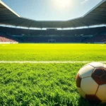 Imagem ultrarrealista de um campo de futebol ensolarado com torcedores nas arquibancadas.
