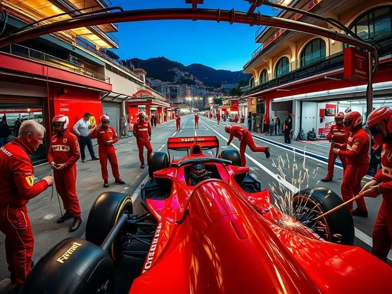 Equipe Ferrari trabalhando em carro de F1 durante o Grande Prêmio de Mônaco.