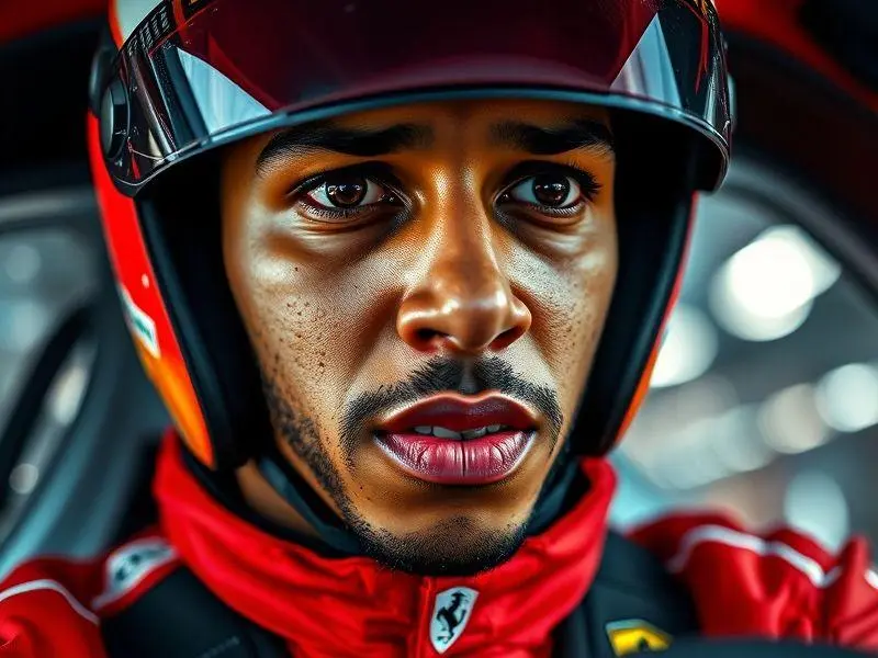 Close-up de Lewis Hamilton concentrado no cockpit da Ferrari durante a corrida.