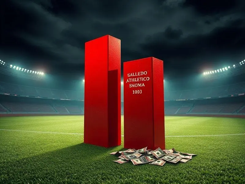 Gráfico 3D ultrarrealista em campo de futebol, mostrando a queda de valor do Athletico Paranaense na Série B.