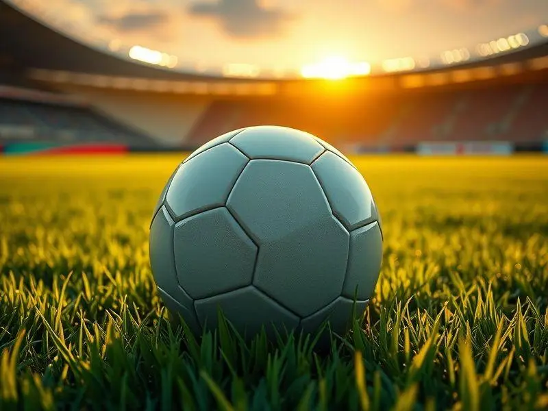 Close-up ultrarrealista de uma bola de futebol oficial da Copa do Mundo de Clubes em um campo de grama verde ao entardecer.