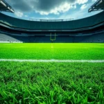 Close-up ultrarrealista de uma câmera de vídeo profissional apontada para o gramado verde do MetLife Stadium, sem pessoas.