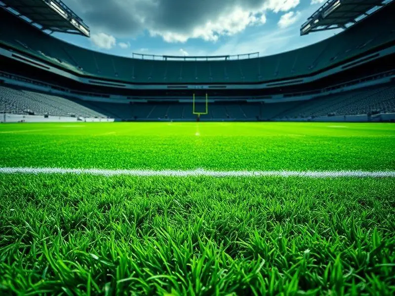 Close-up ultrarrealista de uma câmera de vídeo profissional apontada para o gramado verde do MetLife Stadium, sem pessoas.
