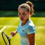 Fotografia ultrarrealista de Aryna Sabalenka em quadra de tênis de grama verde sob luz solar, usando uniforme branco, com expressão focada.