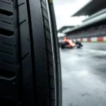 Pneu Pirelli de Fórmula 1, com logo visível, desgastado em Silverstone, em dia nublado, com fundo borrado de carro de F1 e pista molhada.