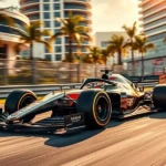 Carro de Fórmula 1 da equipe Cadillac, com nova logomarca, acelerando em alta velocidade na pista de Miami ao por do sol.