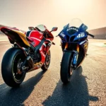 Duas motos de MotoGP, Honda e Yamaha, lado a lado em uma pista, sob o sol. A imagem representa a rivalidade entre Marc Márquez e Valentino Rossi.