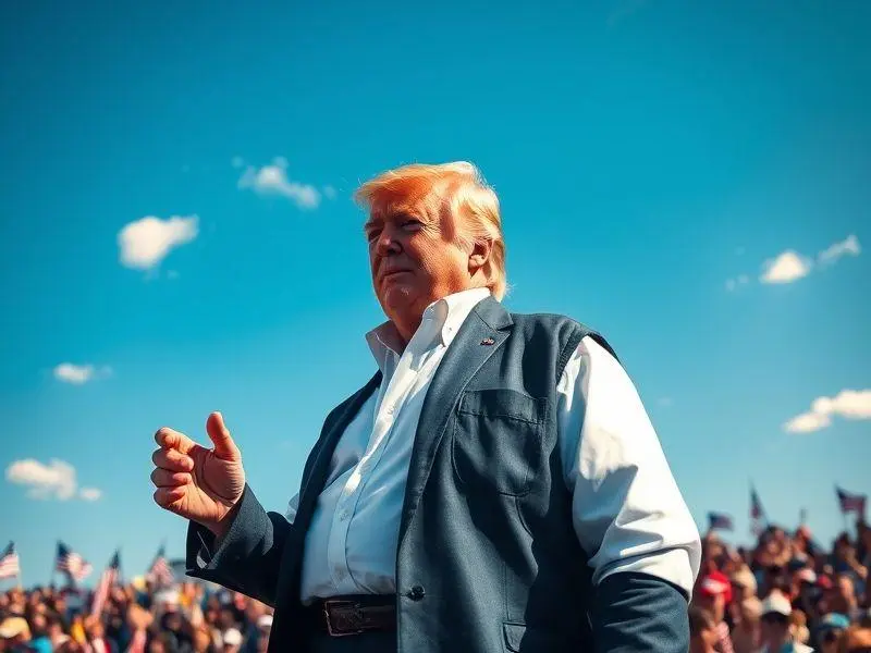 Close-up ultrarrealista de Donald Trump em um púlpito, gesticulando durante um comício ao ar livre, com uma multidão desfocada ao fundo.