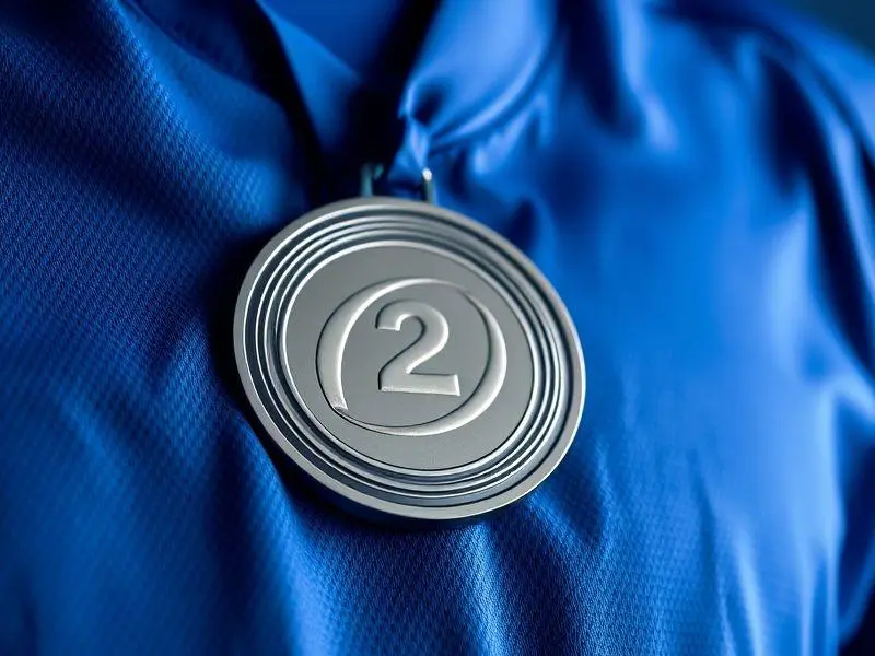 Medalha de prata da Liga das Nações de vôlei. A medalha está deitada sobre um manto esportivo azul-royal com dobras suaves. A iluminação destaca o brilho metálico e a textura do tecido, enfatizando um segundo lugar digno.