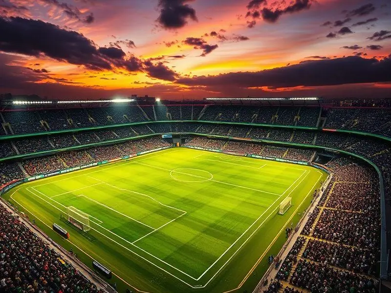 Vista aérea ultrarrealista do Estádio Hailé Pinheiro, o Serrinha, em Goiânia, ao pôr do sol, com o campo de futebol iluminado e a torcida presente.