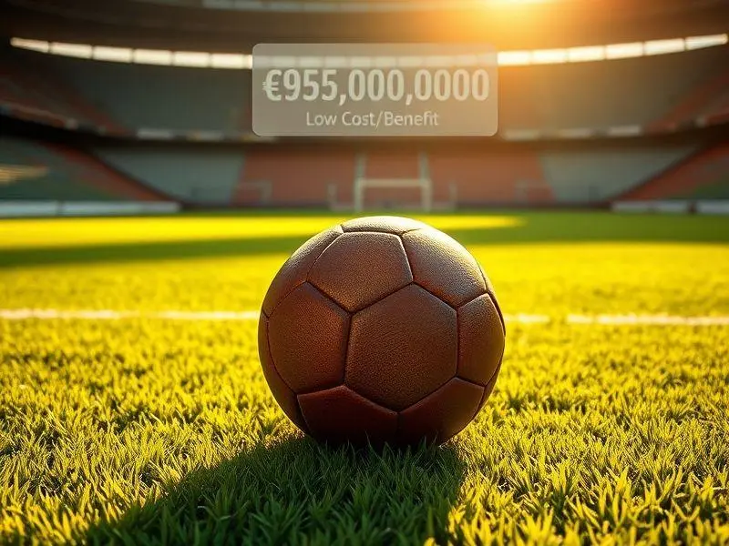 Uma bola de futebol em um campo profissional, destacando um gráfico holográfico com informações financeiras sobre contratações caras no futebol.