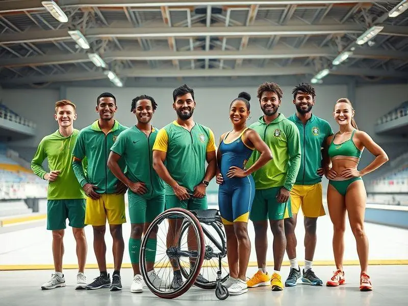 Grupo de atletas brasileiros sorrindo juntos em uma arena esportiva, vestindo uniformes coloridos e representando diferentes esportes olímpicos e paralímpicos.