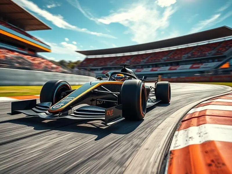 Carro de Fórmula 1 McLaren laranja e preto em alta velocidade em curva de pista, com arquibancadas laranja ao fundo, sob céu azul.