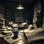 Mesa de contabilidade desordenada com documentos e caneca de café, um jornal com a manchete 'Corinthians: Milhões Perdidos' é o foco em uma imagem ultrarrealista.