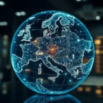 Globo holográfico com linhas luminosas conectando países e dados de transferências de futebol, focado na Europa. Representa o mercado global.